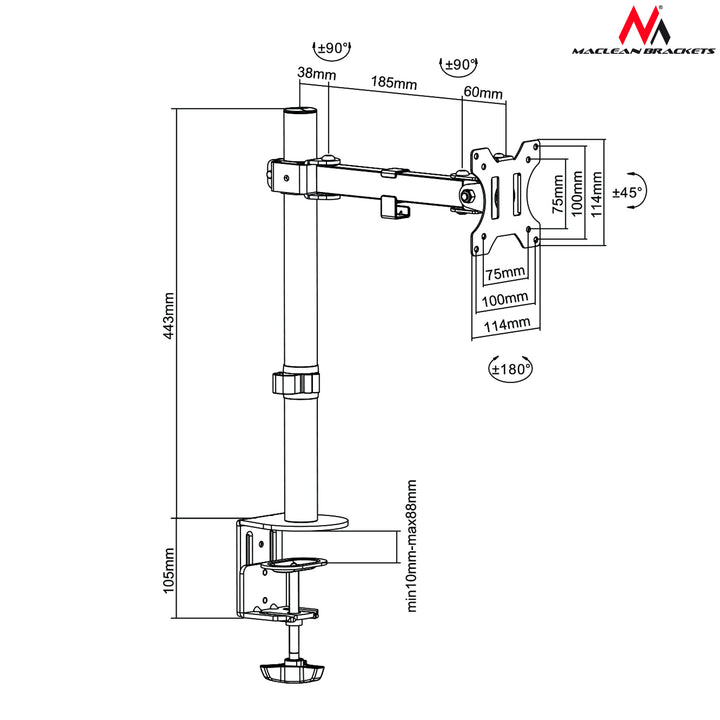 Asztali tartó Maclean MC-752 13-32 LCD monitorhoz 8kg vesa 75x75 és 100x100 karok