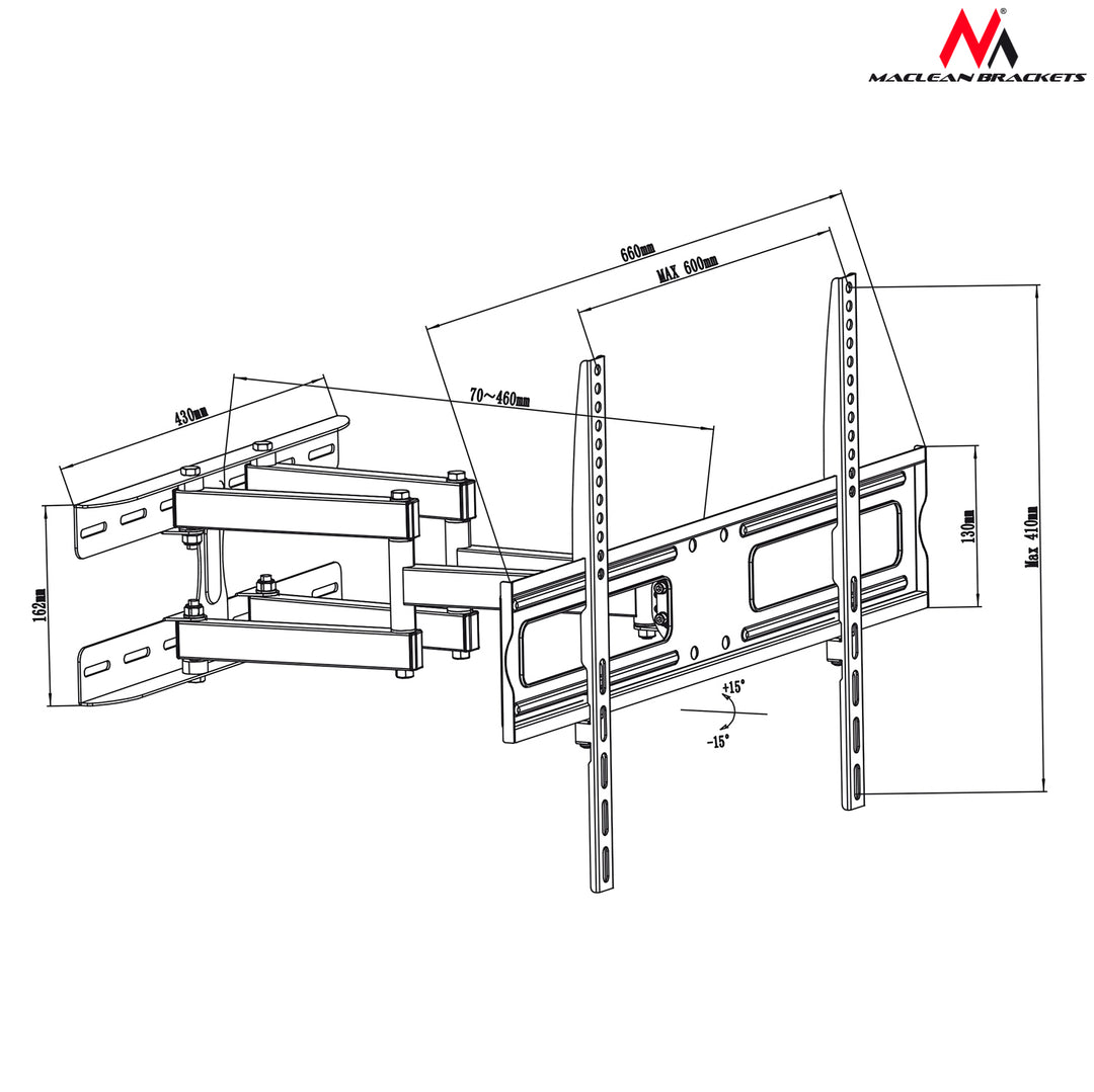 Maclean tartó TV-hez vagy monitorhoz, univerzális, max VESA 600x400, 37-80", 30kg, fekete, MC-762