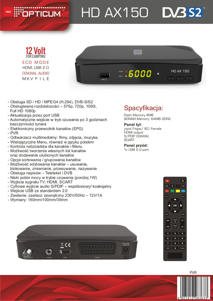 Tuner OPTICUM Full HD AX150 FTA USB PVR HDM 12V