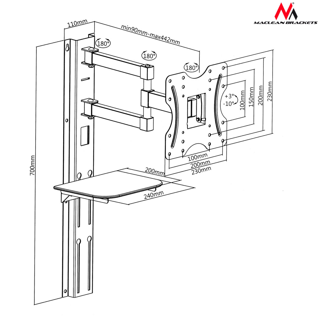 Maclean TV tartó DVD polccal, vesa 200x200 , 23"-42", 30kg, MC-771