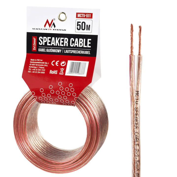 Maclean MCTV-511 hangszóró kábel 2 * 1.5mm2 / 48 * 0.20CCA 3,5 * 7.0mm CLEAR PVC 50m