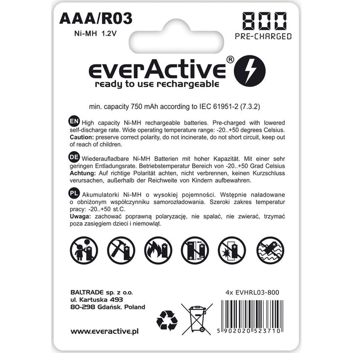 4x everActive R03/AAA 800mAh újratölthető akkumulátorok kiváló minőségben