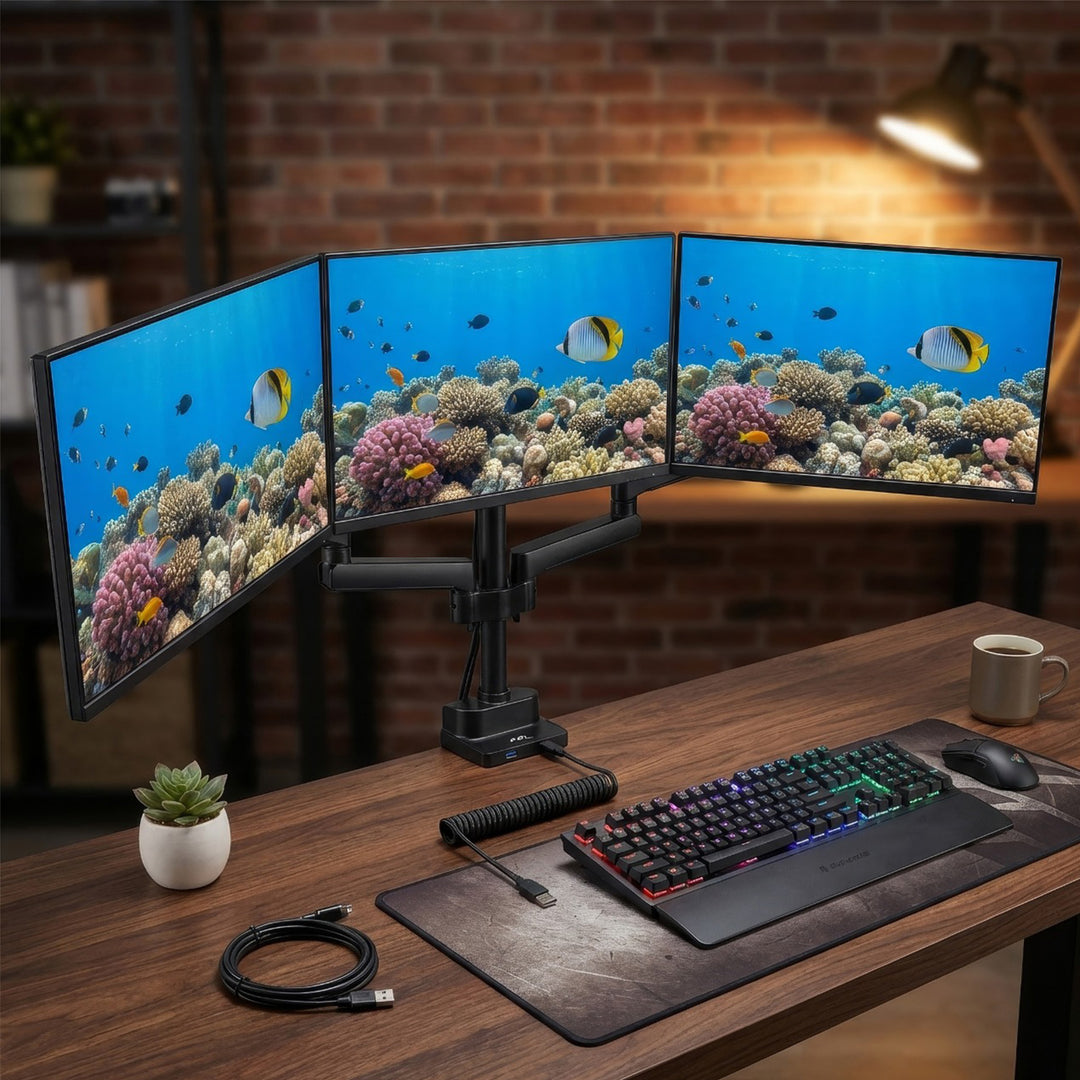 Maclean asztali tartó 3 LCD monitorhoz, VESA 75x75 és 100x100, 2x USB 3.0, 17-27", 3x7kg, MC-811