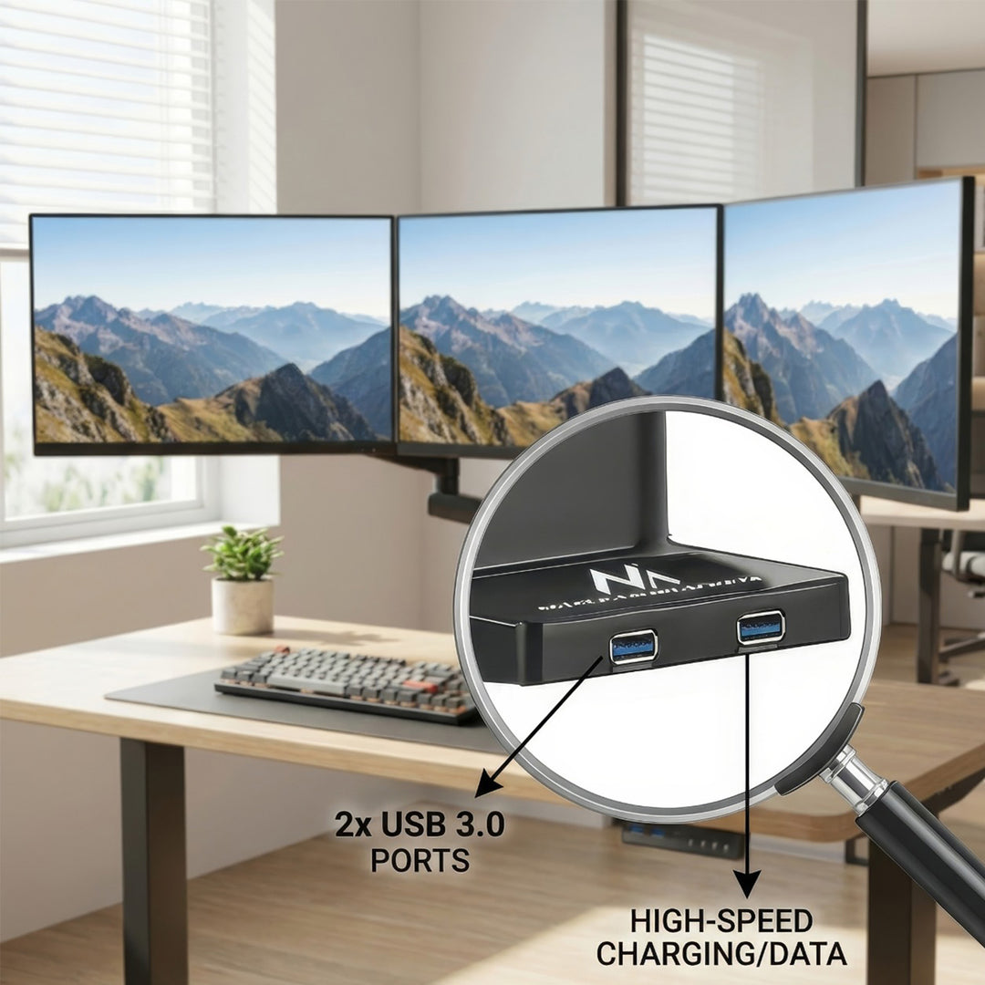 Maclean asztali tartó 3 LCD monitorhoz, VESA 75x75 és 100x100, 2x USB 3.0, 17-27", 3x7kg, MC-811