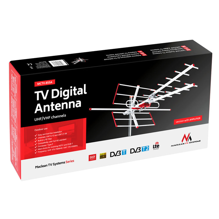Külső TV antenna DVB-T/T2 HEVC Combo UHF VHF aktív max 100dBµV Maclean MCTV-855 Lte szűrő