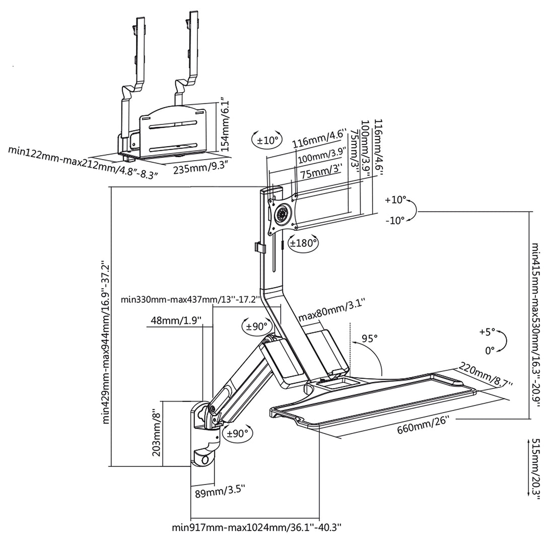 Maclean MC-838 monitor és billentyűzet fali tartó gázrugóval és számítógép / CPU tartóval 17"-32" 9 kg