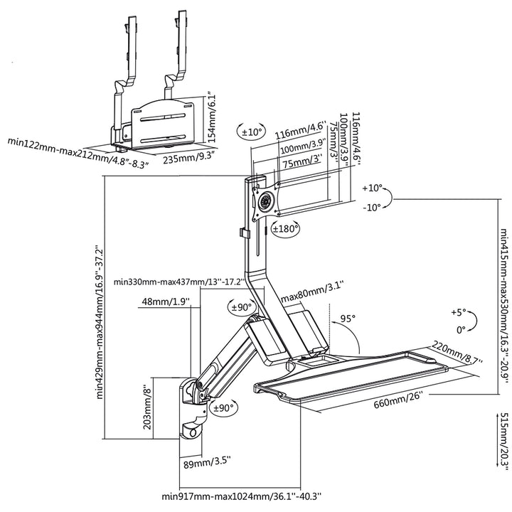 Maclean MC-838 monitor és billentyűzet fali tartó gázrugóval és számítógép / CPU tartóval 17"-32" 9 kg