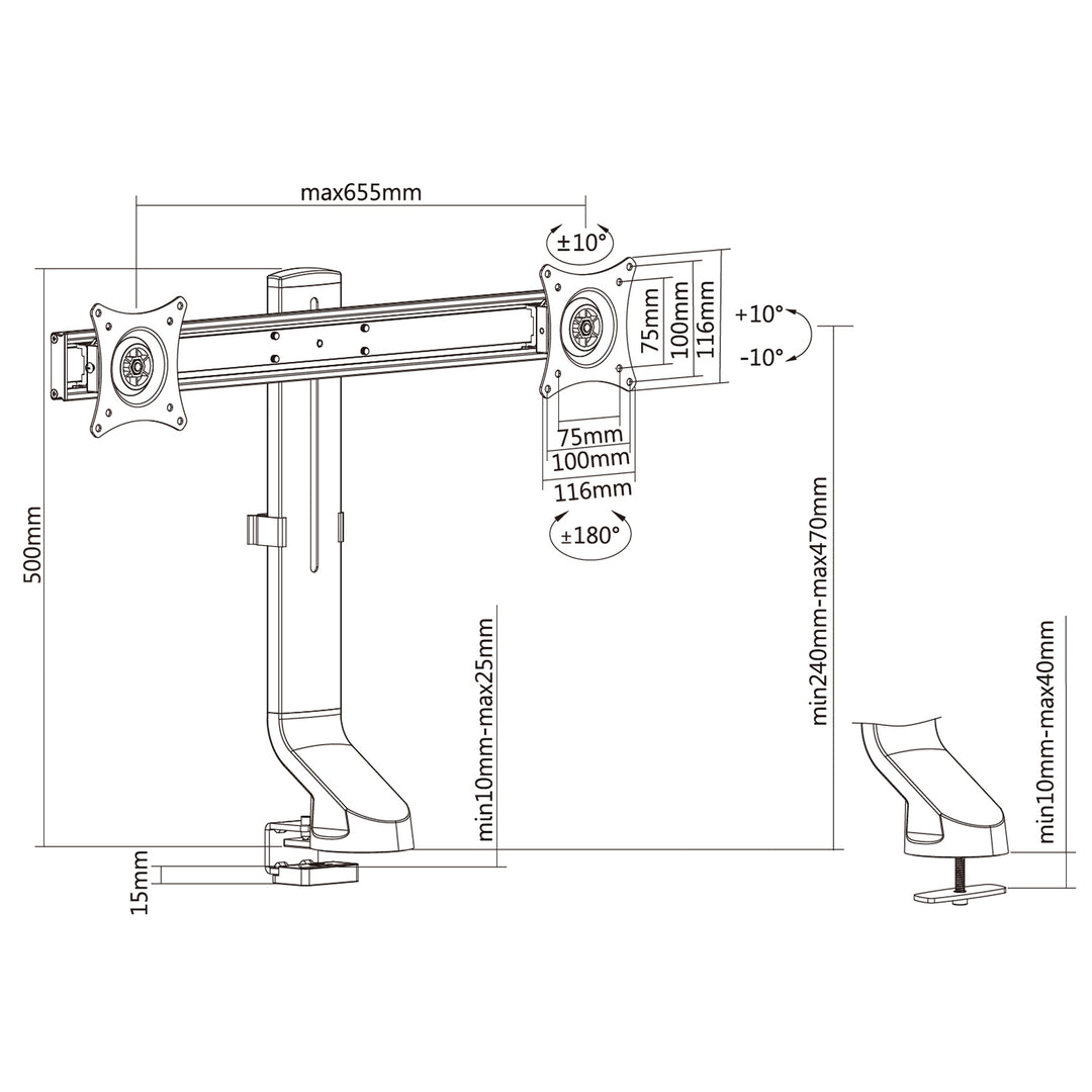 Tartó két monitorhoz / dupla monitorhoz 17"-27" 14kg Maclean MC-854 VESA 75x75 100x100 illeszkedik az MC-848 és MC-849 modellekhez.