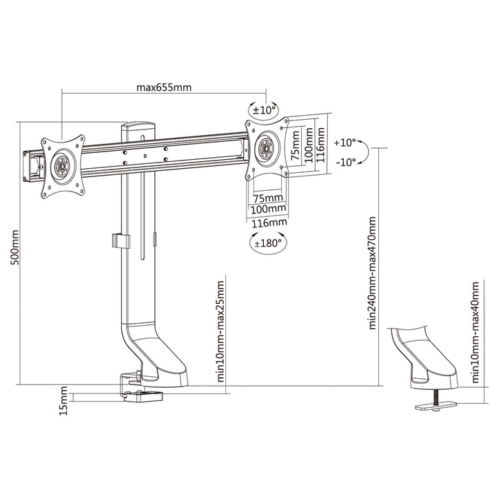 Tartó két monitorhoz / dupla monitorhoz 17"-27" 14kg Maclean MC-854 VESA 75x75 100x100 illeszkedik az MC-848 és MC-849 modellekhez.