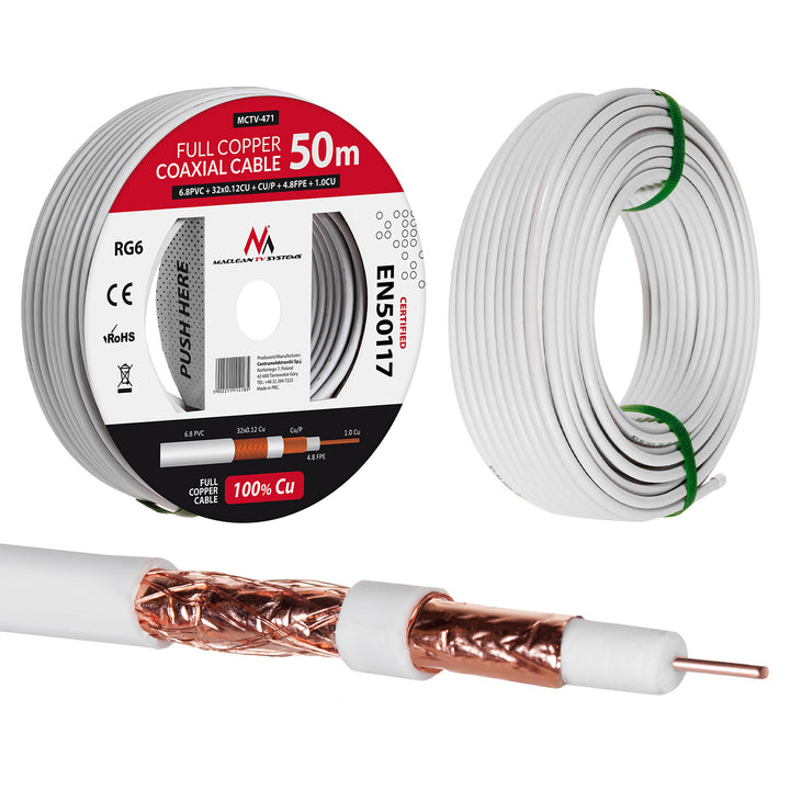 Műholdas koaxiális kábel RG6 50M Maclean MCTV-471 1.02CU+4.8FPE+CU/P+32*0.12CU+6.8PVC