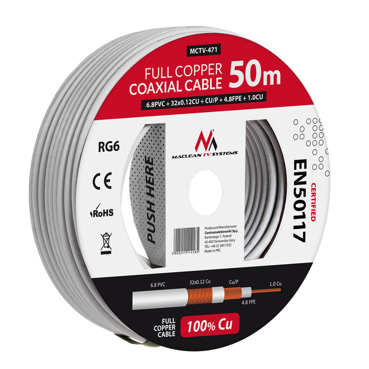 Műholdas koaxiális kábel RG6 50M Maclean MCTV-471 1.02CU+4.8FPE+CU/P+32*0.12CU+6.8PVC