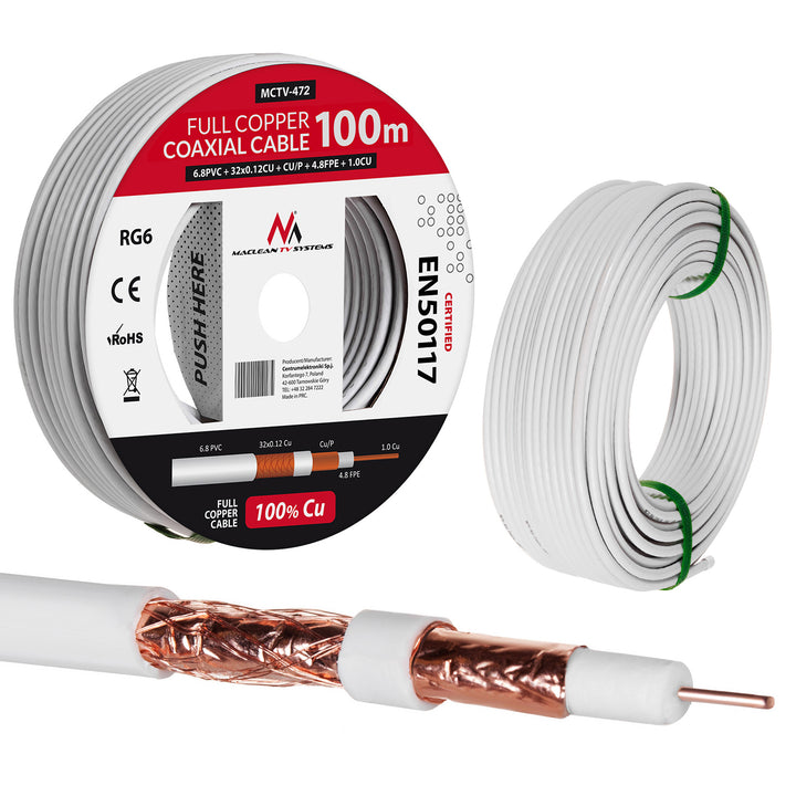 Műholdas koaxiális kábel RG6 100M Maclean MCTV-472 1.02CU+4.8FPE+CU/P+32*0.12CU+6.8PVC