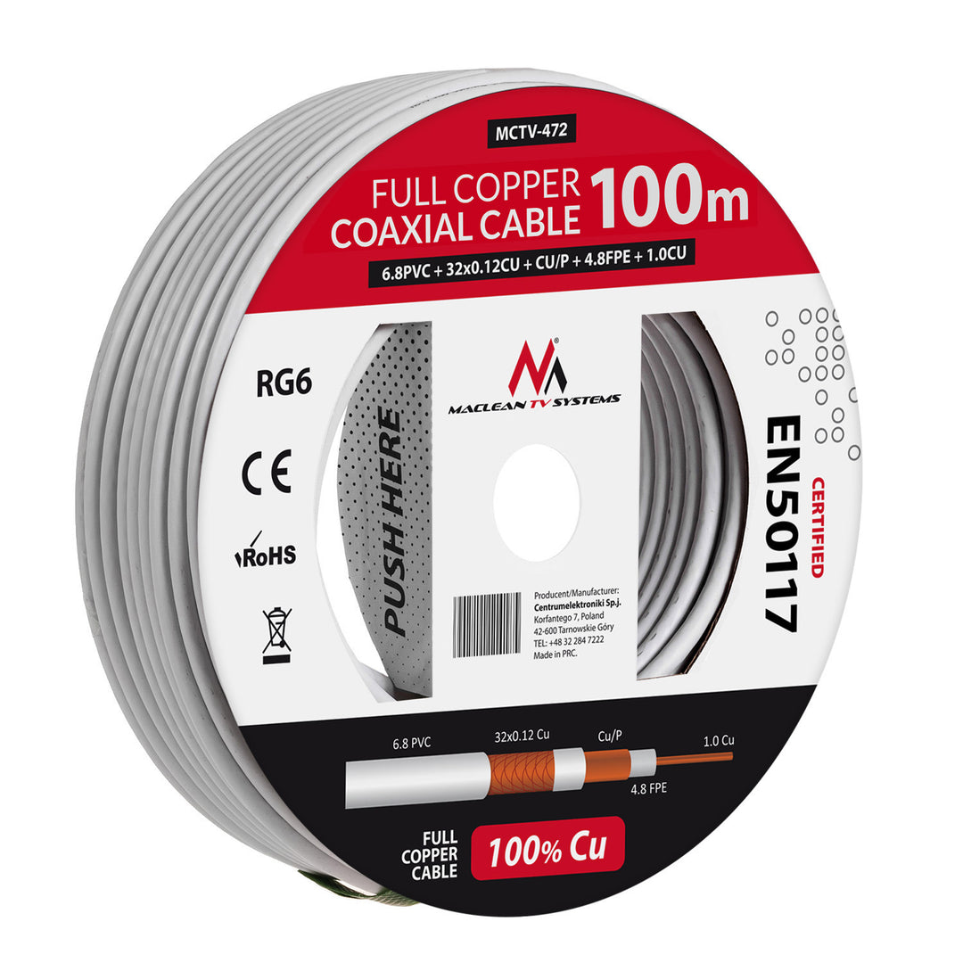 Műholdas koaxiális kábel RG6 100M Maclean MCTV-472 1.02CU+4.8FPE+CU/P+32*0.12CU+6.8PVC