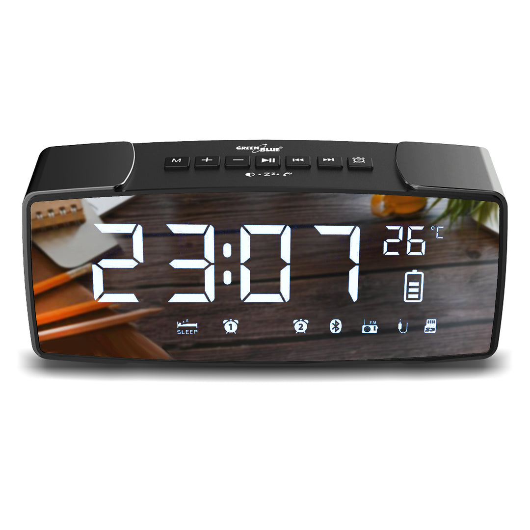 Radiobudzik bluetooth 4.2, FM, aux-in, 6W, temperatura, riasztó, zegar, akumulátor 2200mAh GreenBlue GB200
