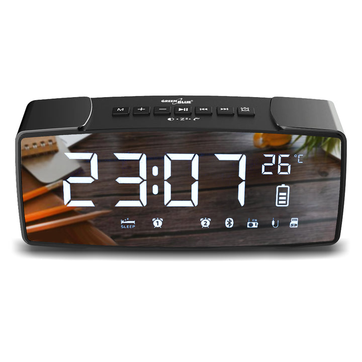 Radiobudzik bluetooth 4.2, FM, aux-in, 6W, temperatura, riasztó, zegar, akumulátor 2200mAh GreenBlue GB200