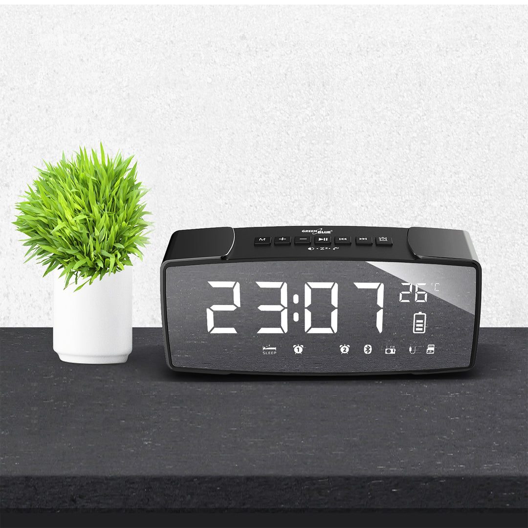 Radiobudzik bluetooth 4.2, FM, aux-in, 6W, temperatura, riasztó, zegar, akumulátor 2200mAh GreenBlue GB200