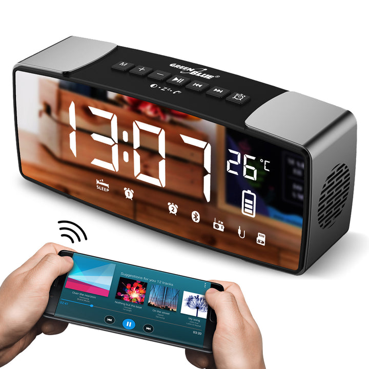 Radiobudzik bluetooth 4.2, FM, aux-in, 6W, temperatura, riasztó, zegar, akumulátor 2200mAh GreenBlue GB200