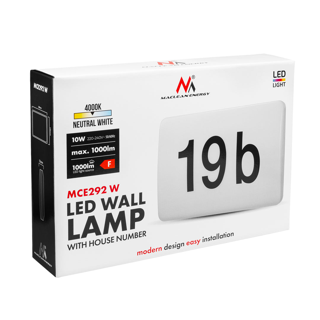 Maclean LED-lámpa, házszámmal, alkonyatérzékelővel, fehér, max. 10 W, IP65, semleges szín (4000 K), max. 1000 lm, MCE292 W