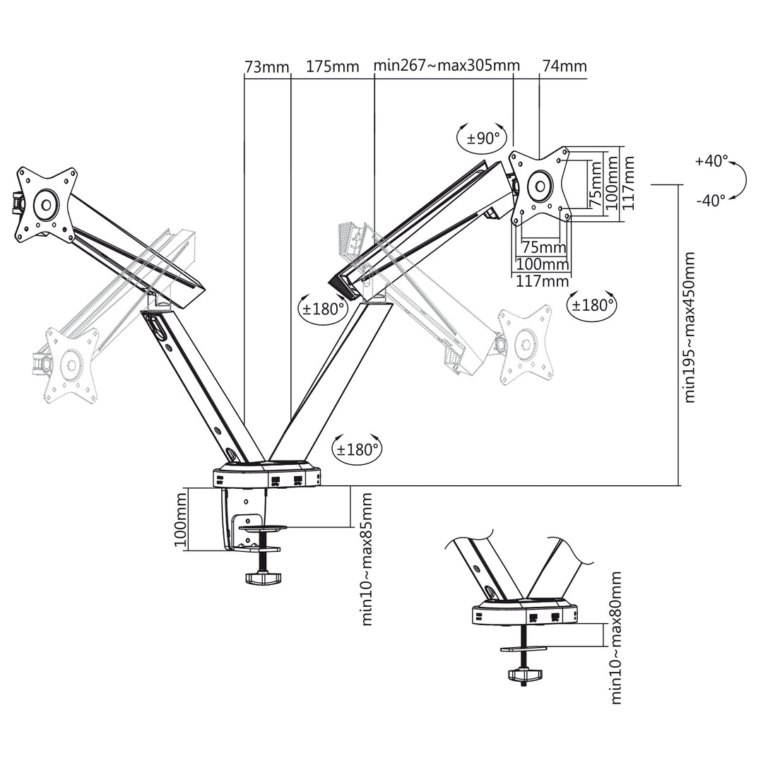 NanoRS RS887 17-32" 2x 8kg (max. 16kg) vesa 75x75 és 100x100 gaming mount 2 LCD monitorhoz