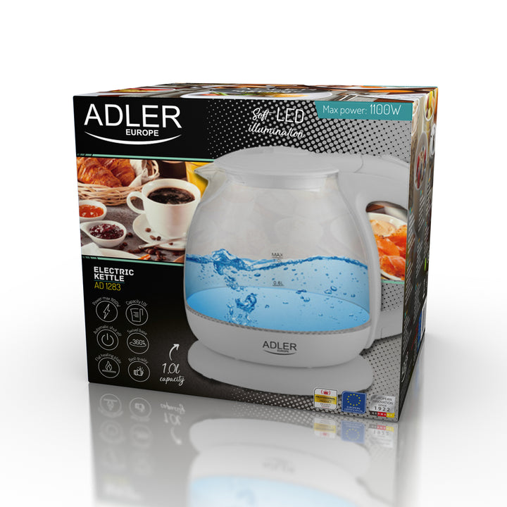 LED-es háttérvilágítású üveg vízforraló 1.0L Adler AD 1283G