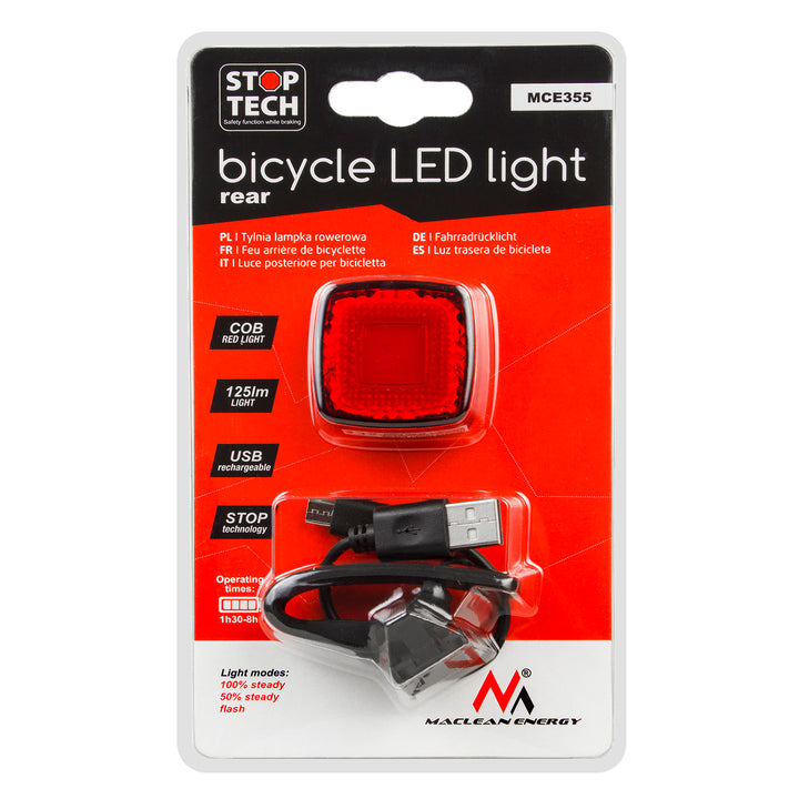 Kerékpár hátsó lámpa USB AUTO STOP szürkületérzékelő Maclean Energy MCE355 COB LED max.125lm acu 450mAh
