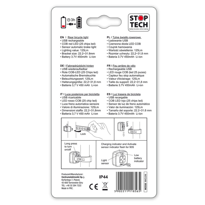 Kerékpár hátsó lámpa USB AUTO STOP szürkületérzékelő Maclean Energy MCE355 COB LED max.125lm acu 450mAh