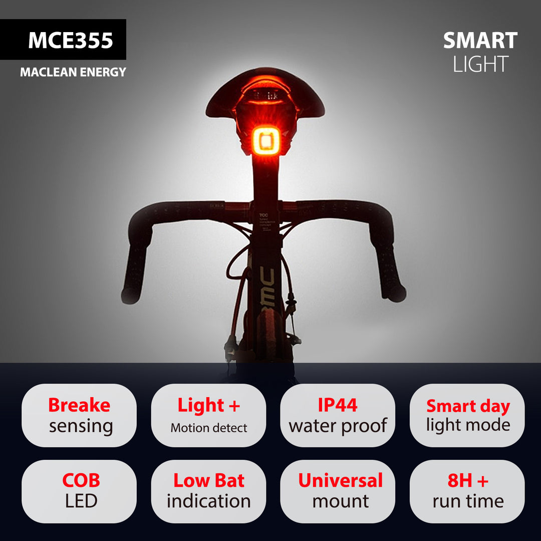Kerékpár hátsó lámpa USB AUTO STOP szürkületérzékelő Maclean Energy MCE355 COB LED max.125lm acu 450mAh