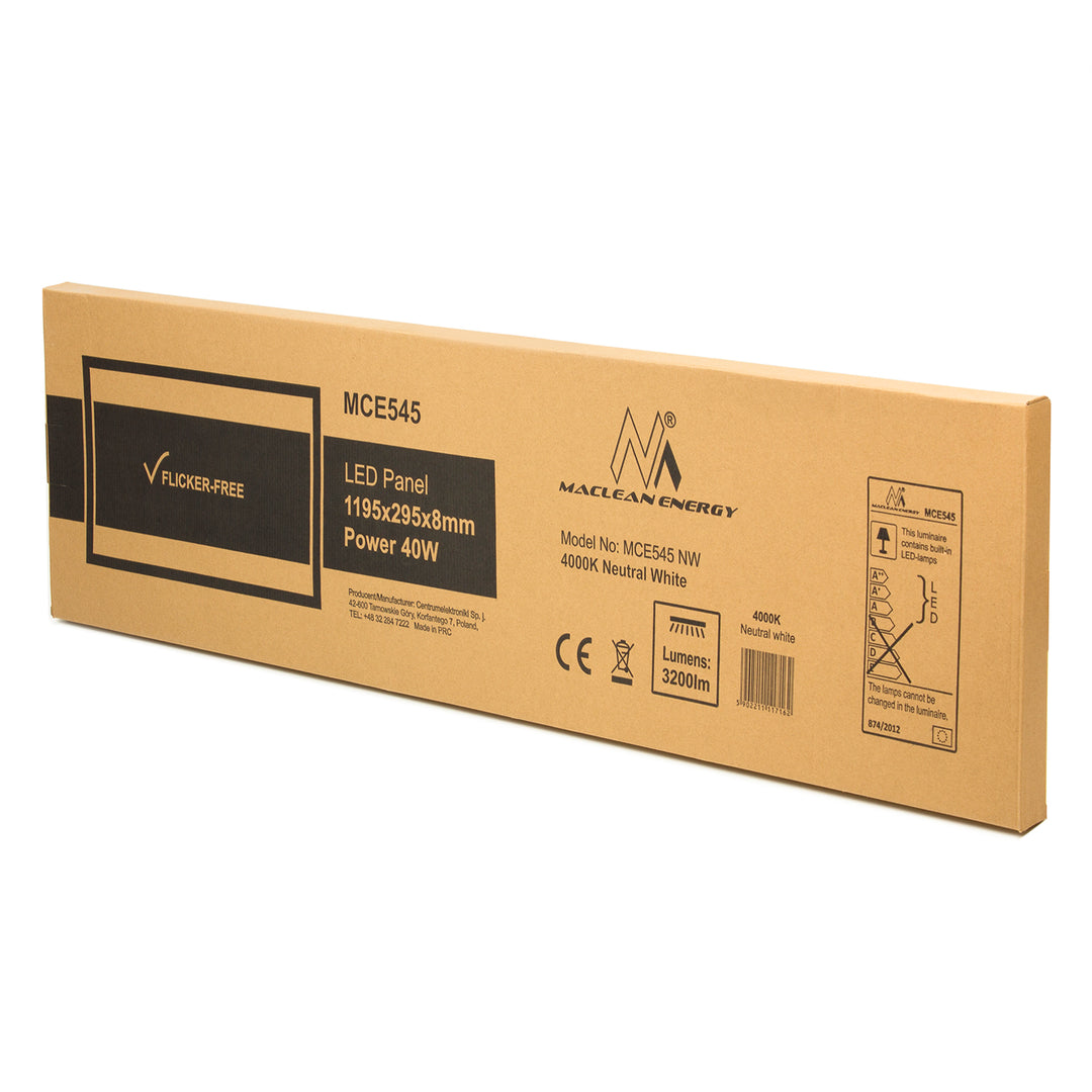 LED mennyezeti panel vékony 40W, 3200lm semleges fehér (4000K) Maclean Energy MCE545 NW 1195x295x8mm lamellás, FLICKER-FREE funkcióval.