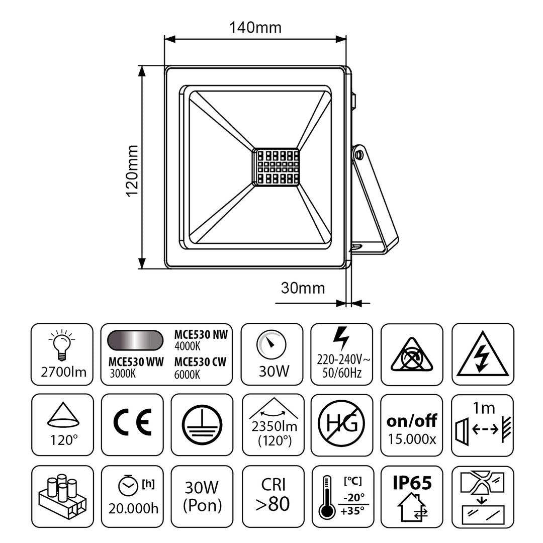 Naświetlacz LED slim 30W, 2400lm hideg fehér (6000K) Maclean Energy MCE530 CW, IP65, PREMIUM