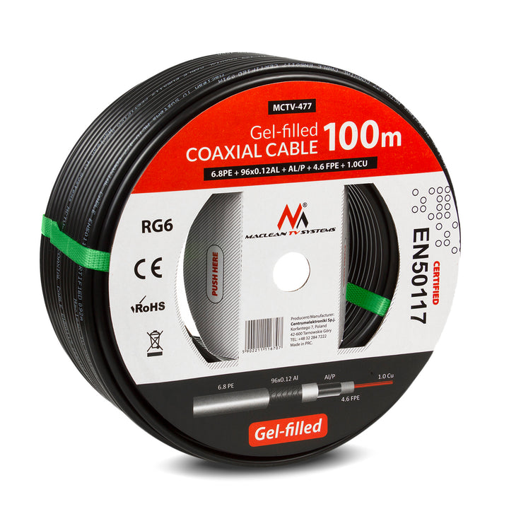 Műholdas zselével töltött koaxiális kábel RG6 100M Maclean MCTV-477 1.0CU+4.6FPE+AL/P+96*0.12AL+6.8PE