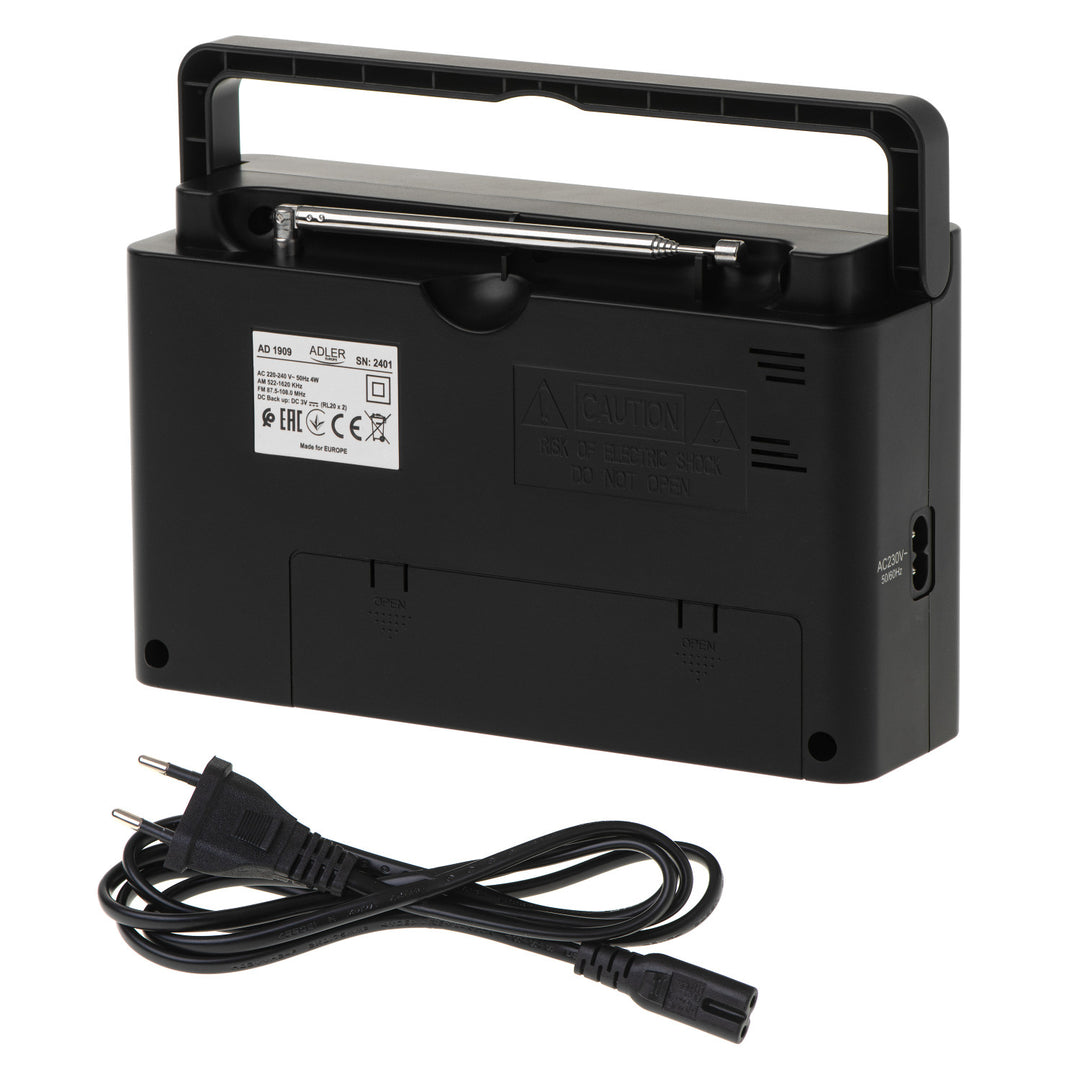 Adler rádió, hordozható, AM és FM, antenna, hálózati és akkumulátoros működés, AD 1909