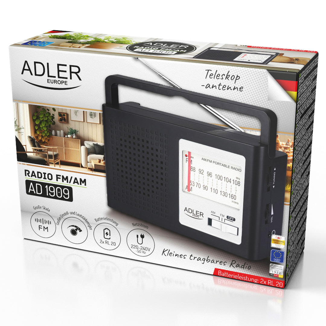 Adler rádió, hordozható, AM és FM, antenna, hálózati és akkumulátoros működés, AD 1909