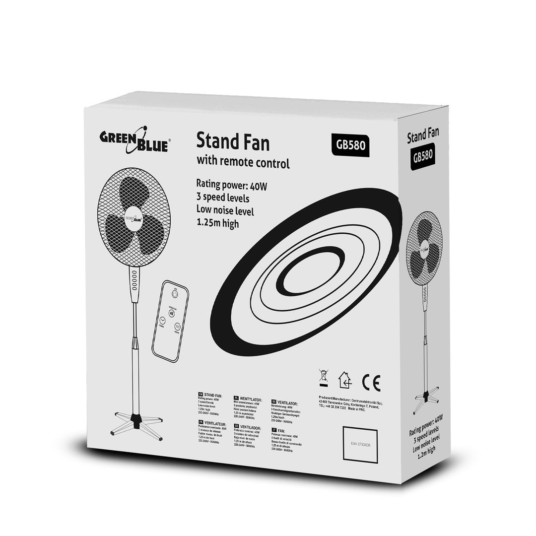 GreenBlue 40W-os padlóventilátor 3 ventilátor teljesítményszinttel 1,25m magas 1,5m kábel távirányítóval és időzítővel 7,5h-ig GB580