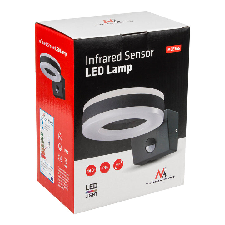 Maclean Energy MCE365 PIR érzékelős LED fali lámpa - PC+ALU, 20W (1700lm) semleges fehér 4000K IP65 szürke, szürke
