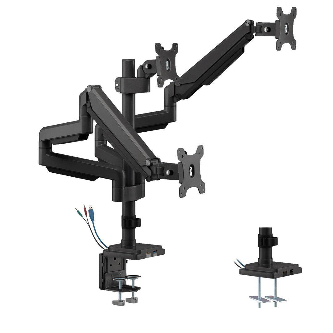 Ergo Office asztali tartó három monitorhoz matt fekete, gázrugóval, 17"-30", 7 kg, 1x USB 3.0, 2x mini-jack, ER-408B
