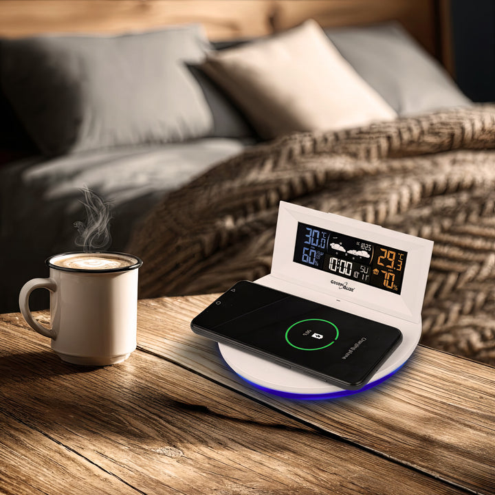 Vezeték nélküli időjárás-állomás vezeték nélküli/induktív töltővel GreenBlue, óra, ébresztő, naptár, kültéri érzékelő, GB213