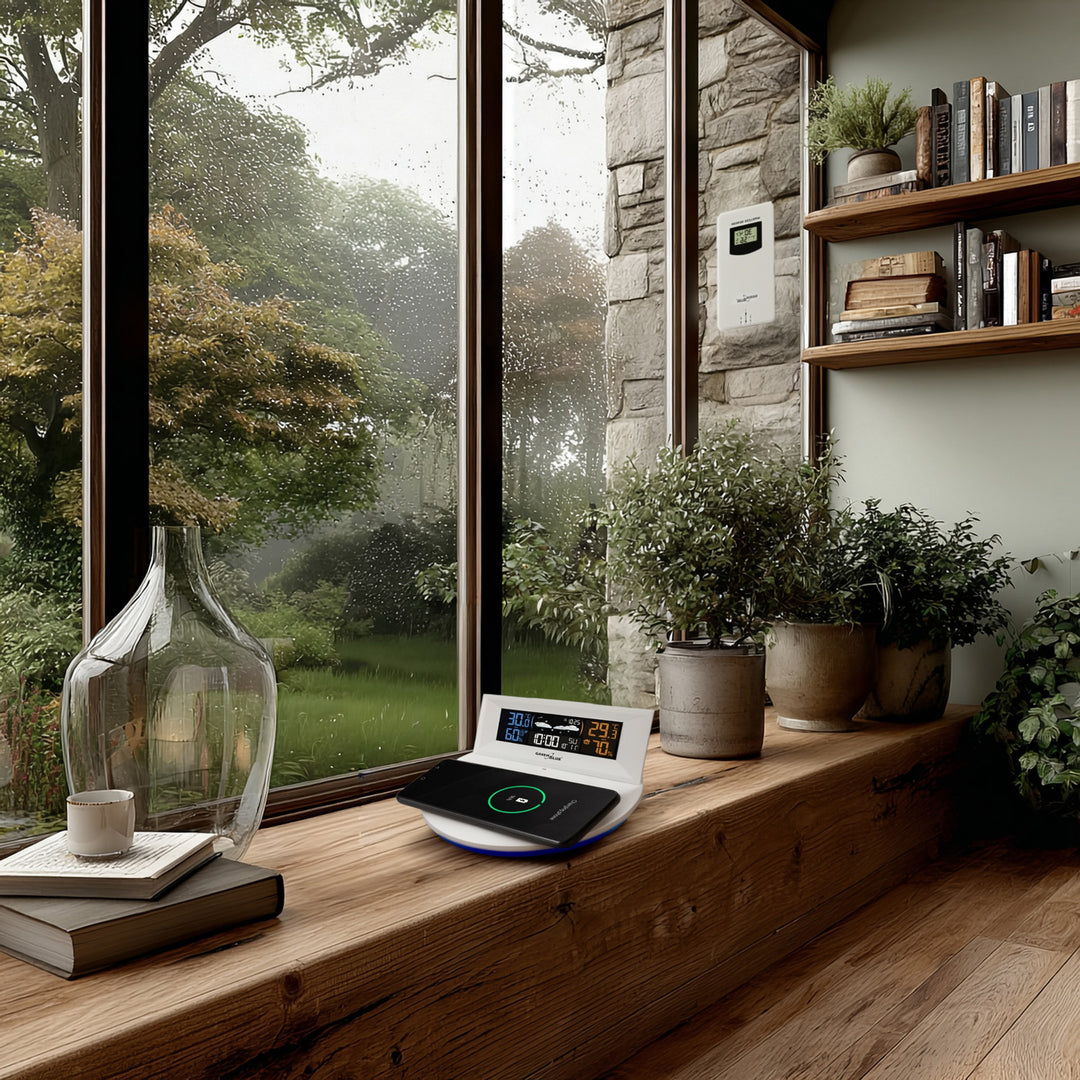 Vezeték nélküli időjárás-állomás vezeték nélküli/induktív töltővel GreenBlue, óra, ébresztő, naptár, kültéri érzékelő, GB213