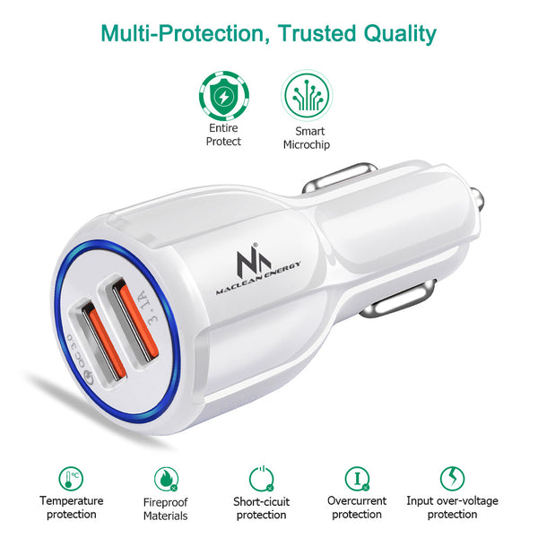 Autótöltő QC 3.0 Maclean Energy MCE478 W - fehér Qualcomm Quick Charge QC 3.0 - 5V/3A, 9V/1.8A, 12V/1.6A és 5V/3.1A csatlakozóval