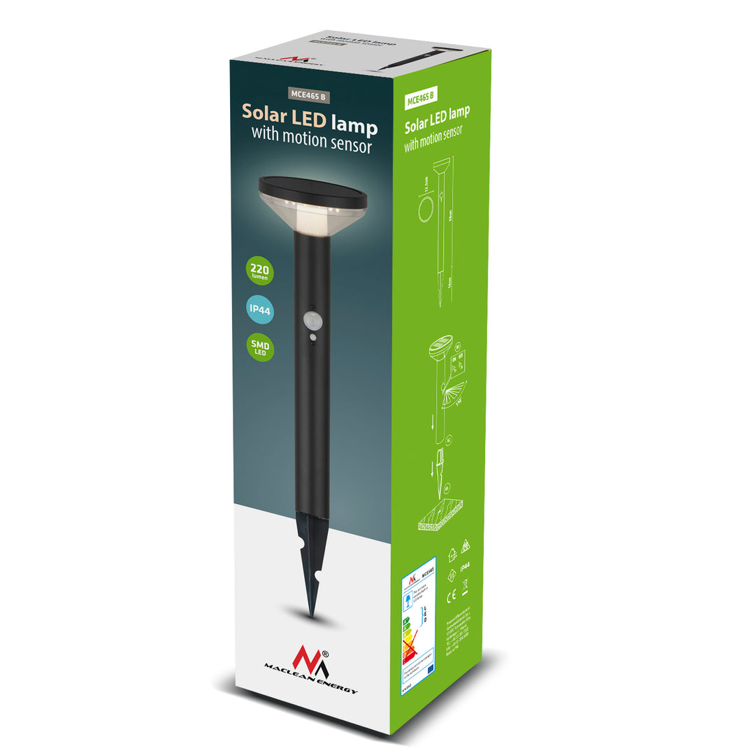 Maclean napelemes LED érzékelő lámpa, fekete, IP44, 3 fénymód, Li-ion 18650 3.7V 1200 mAh akkumulátor, dugaszolható, MCE465 B