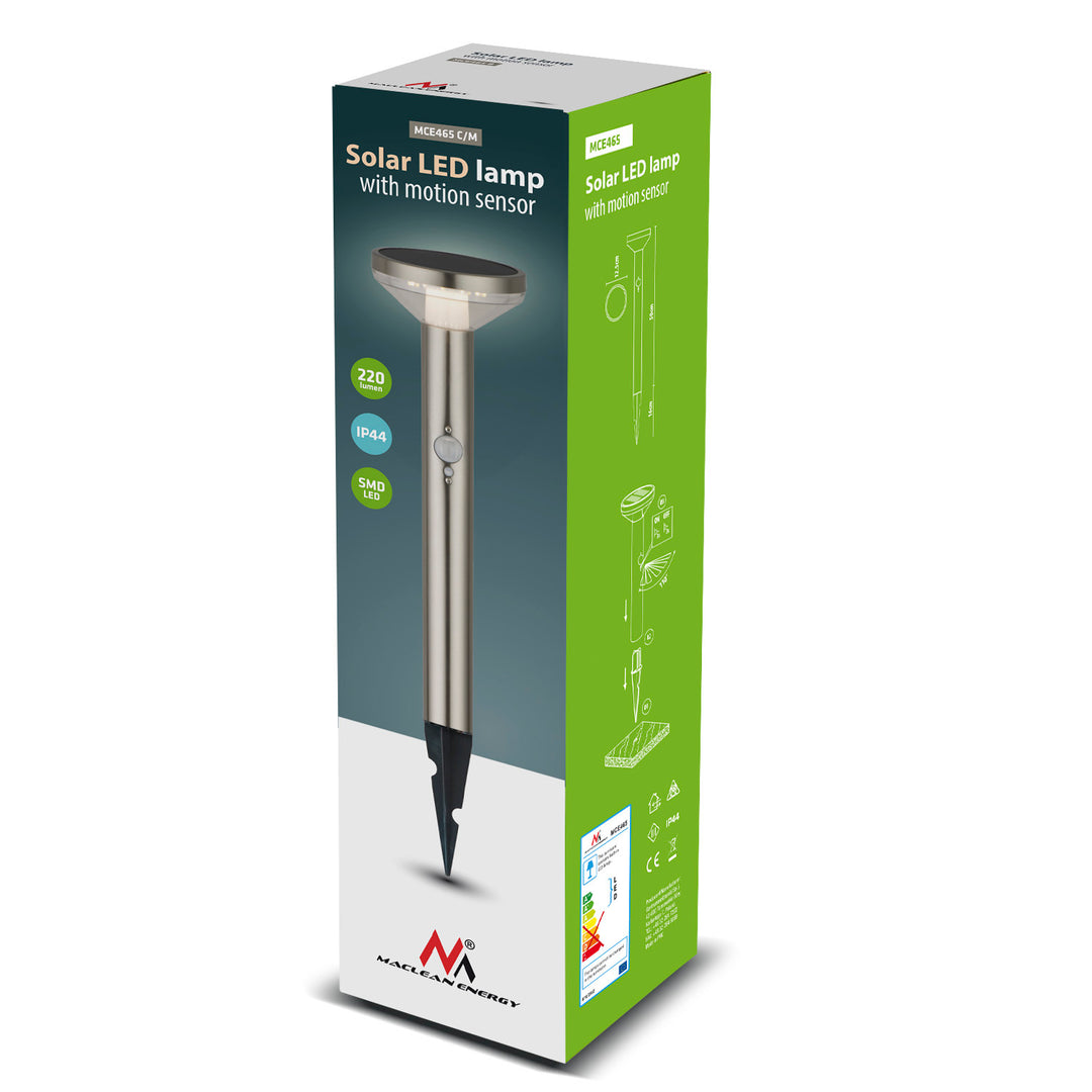 Maclean napelemes LED lámpa érzékelővel, króm matt, IP44, 3 fénymód, Li-ion 18650 3.7V 1200 mAh akkumulátor, dugaszolható, MCE465 C/M
