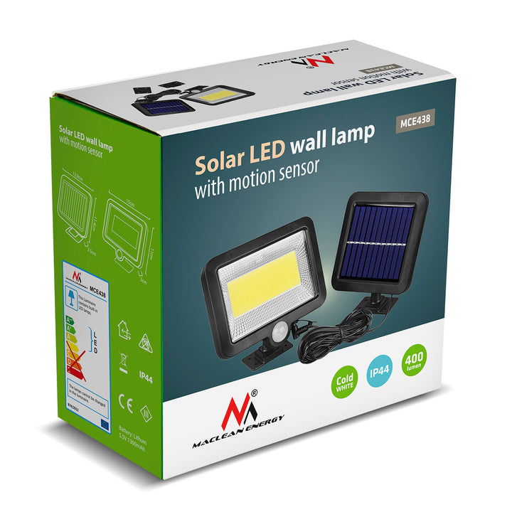Napelemes LED reflektor mozgásérzékelővel Maclean Energy IP44, 5W, 400lm, 6000K hideg fehér, újratölthető lítium akkumulátor 1300 mAh, 3.7V DC MCE438