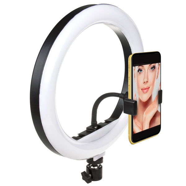 10" LED 12W-os gyűrűs lámpa 1,1 m-es állvánnyal Maclean Energy MCE610, bluetooth önkioldó, 3200K-5600K színváltoztatás és 10-100% fényerő