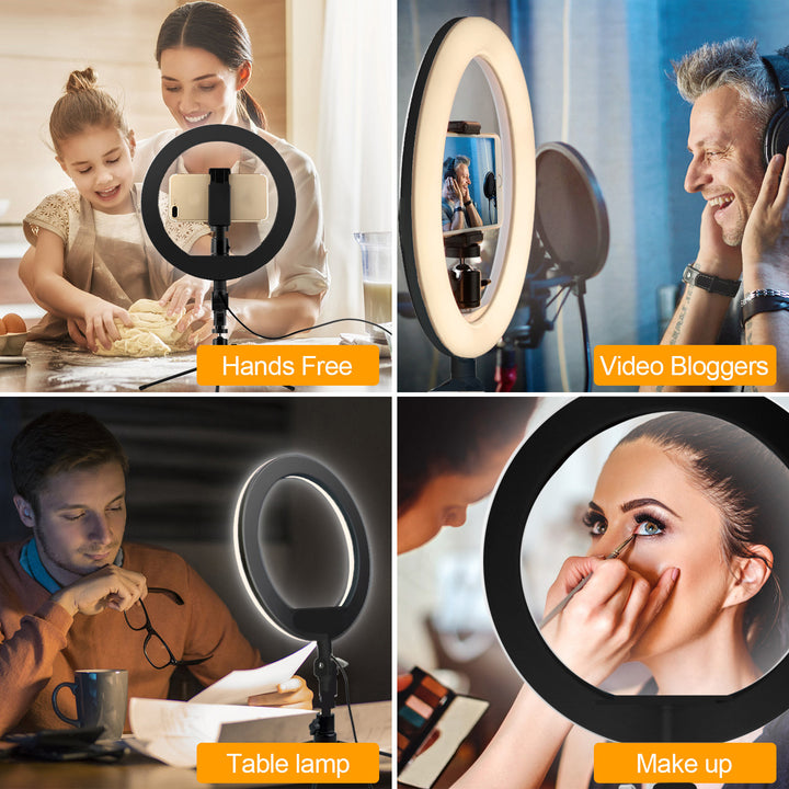 10" LED 12W-os gyűrűs lámpa 1,1 m-es állvánnyal Maclean Energy MCE610, bluetooth önkioldó, 3200K-5600K színváltoztatás és 10-100% fényerő