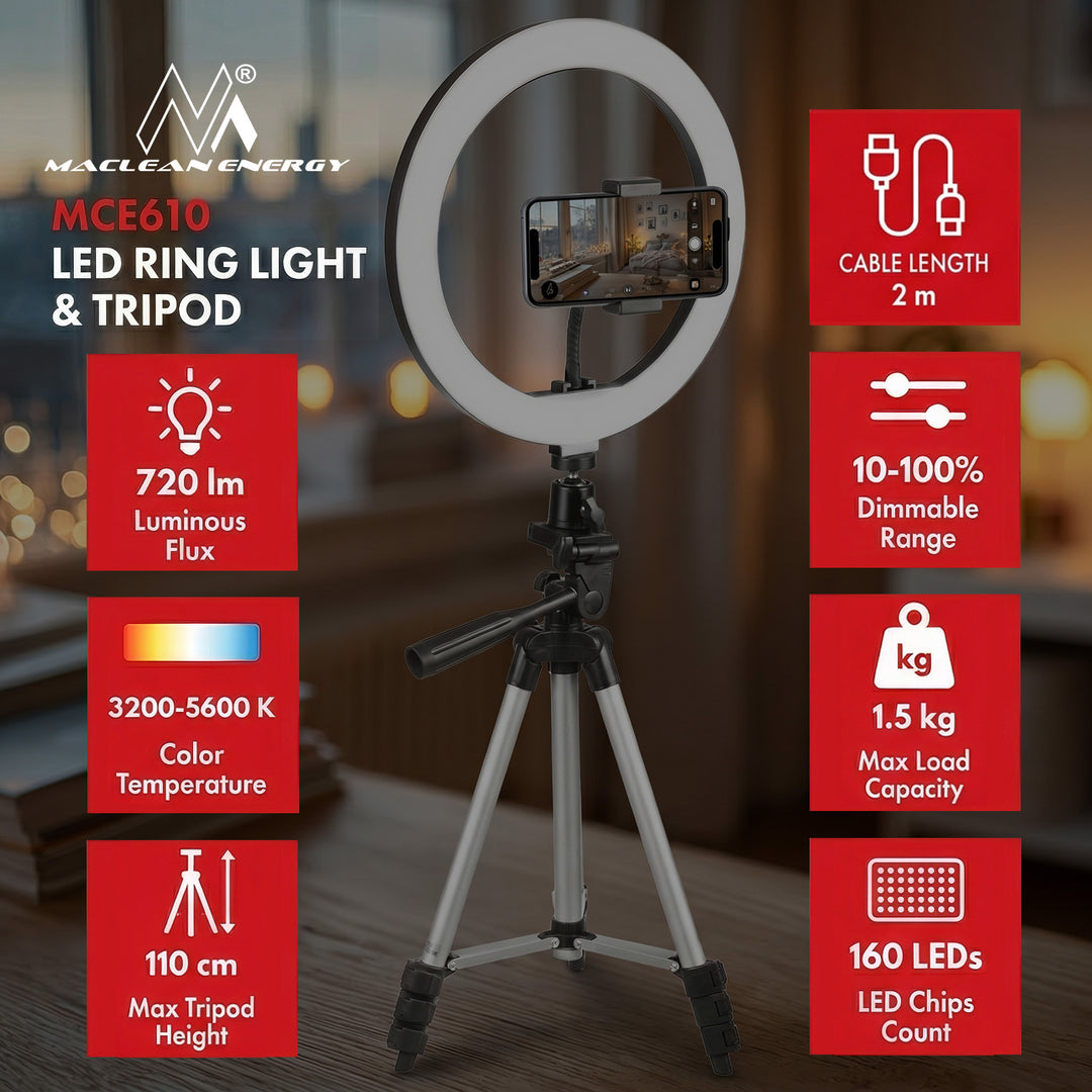 10" LED 12W-os gyűrűs lámpa 1,1 m-es állvánnyal Maclean Energy MCE610, bluetooth önkioldó, 3200K-5600K színváltoztatás és 10-100% fényerő