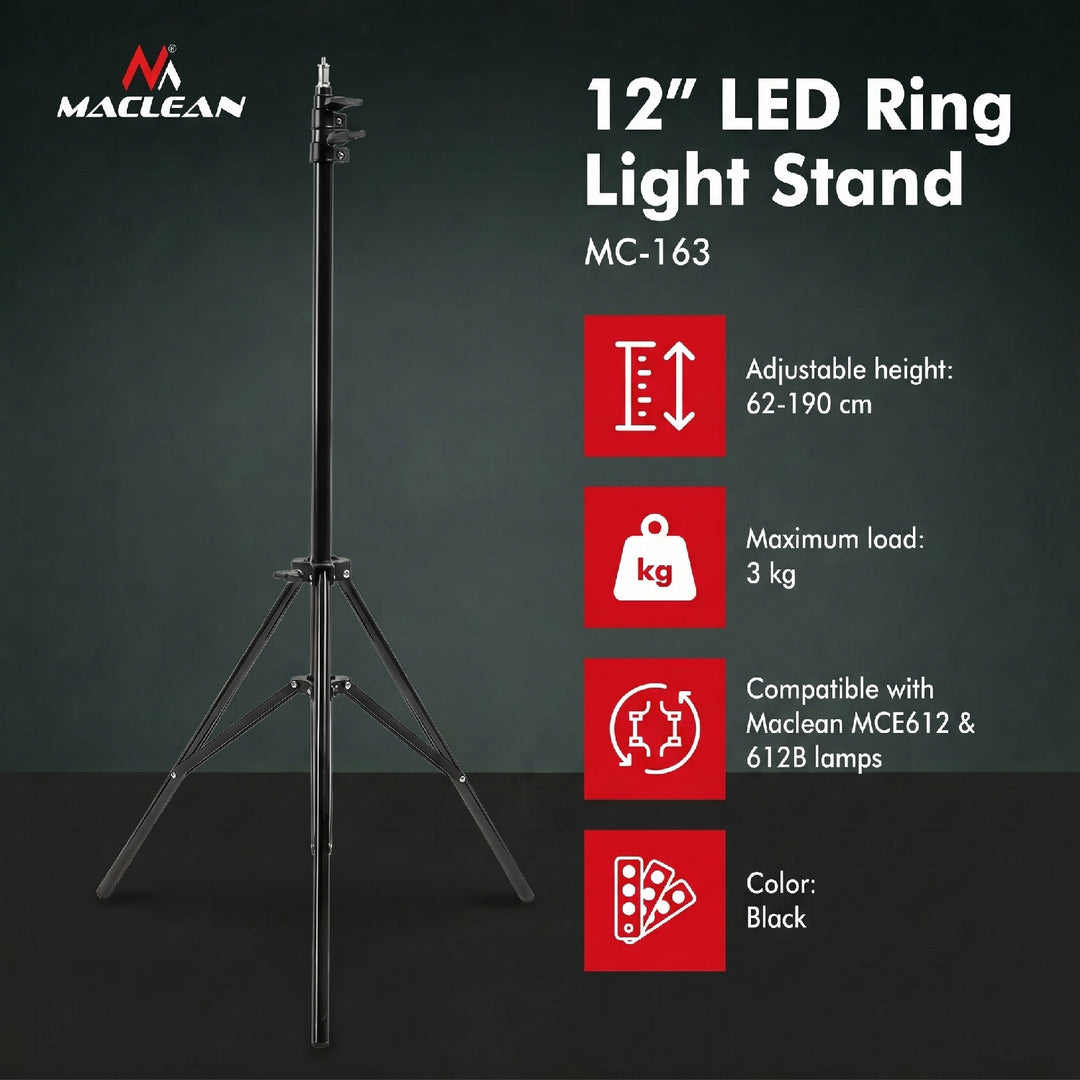 Állvány LED gyűrűs lámpához 12" Maclean MC-163, max. magasság 190cm, max. terhelés 3kg