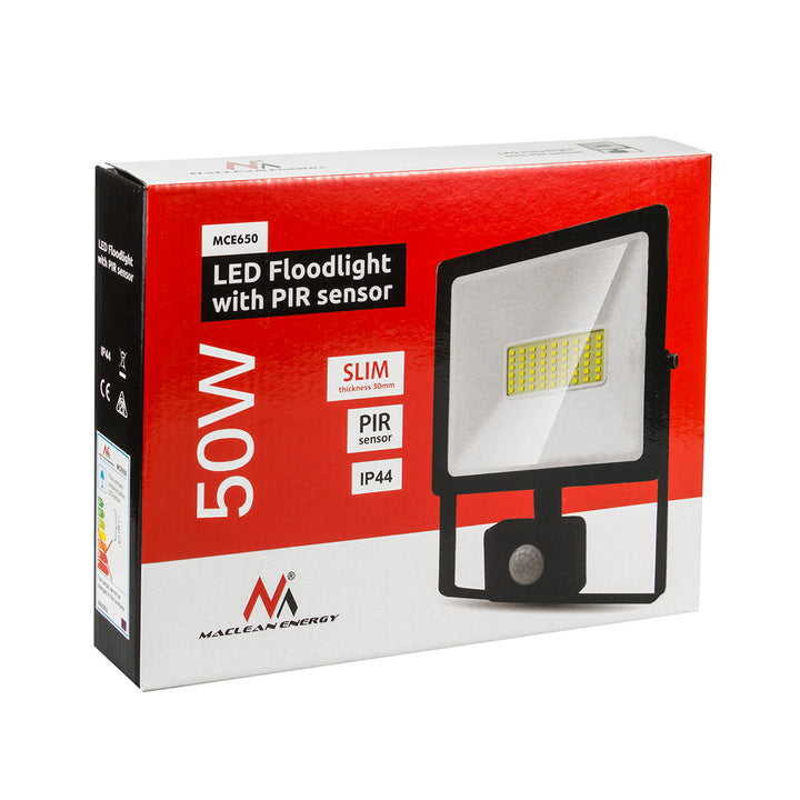 LED-es reflektor Maclean mozgásérzékelővel, vékony 50W, 4000lm, meleg fehér (3000K), IP44, MCE650 WW PIR