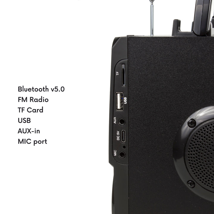 Hordozható bluetooth hangszóró / rádió / SD / MMC / aux-in / USB / világítás / távirányító / teleszkópos antenna / mikrofoncsatlakozó