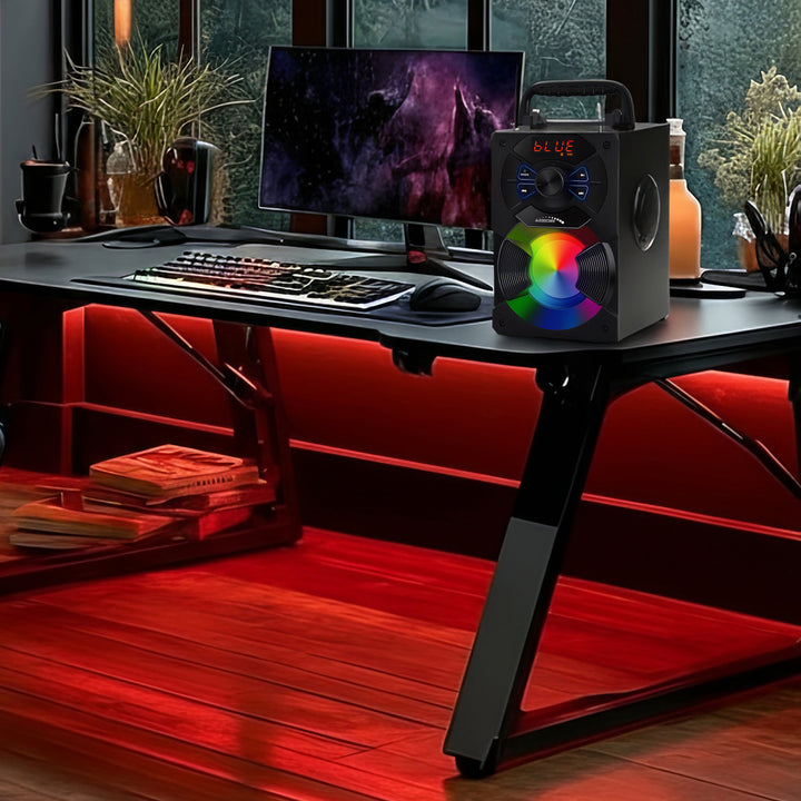 Hordozható bluetooth hangszóró / rádió / SD / MMC / aux-in / USB / világítás / távirányító / teleszkópos antenna / mikrofoncsatlakozó