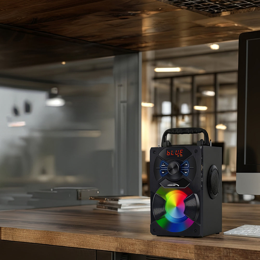 Hordozható bluetooth hangszóró / rádió / SD / MMC / aux-in / USB / világítás / távirányító / teleszkópos antenna / mikrofoncsatlakozó