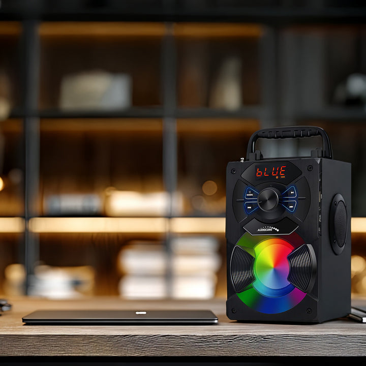 Hordozható bluetooth hangszóró / rádió / SD / MMC / aux-in / USB / világítás / távirányító / teleszkópos antenna / mikrofoncsatlakozó